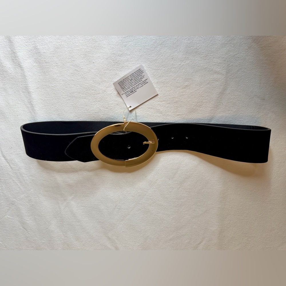 ZARA Black Suede Waist Belt Gold Oval Buckle Wide‎ Statement Belt - Picture 9 of 11